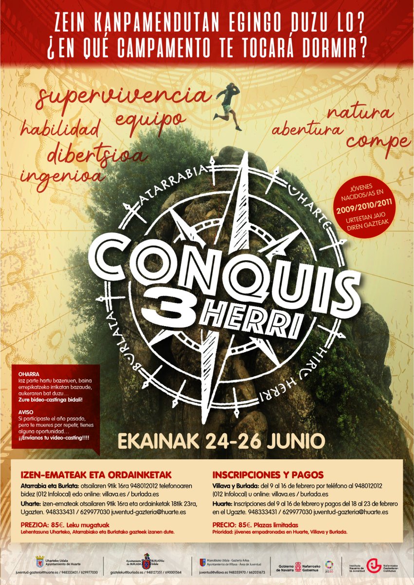 [EUS] 🧭CONQUIS 3 HERRI🧭

👤 2009, 2010 eta 2011 urteetan jaiotakoak

📆 Ekainaren 24etik 26ra
💸 85€

📩 Izen ematea: Otsailaren 9-16 bitartean 948 012 012ra deituz edo online burlada.es webgunean 📲

Animatu esperientzia paregabe honetara!

<a href="/AytoBurlada/">Burlada - Burlata</a>