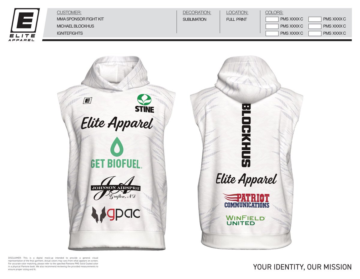 Proud to sponsor MMA fighter Michael Blockhus with a custom fight kit for his March 24 event. 

Featuring sponsor logos, pro-style textures, and performance gear built for the spotlight. 

Need custom competition gear? Contact Elite Apparel today.