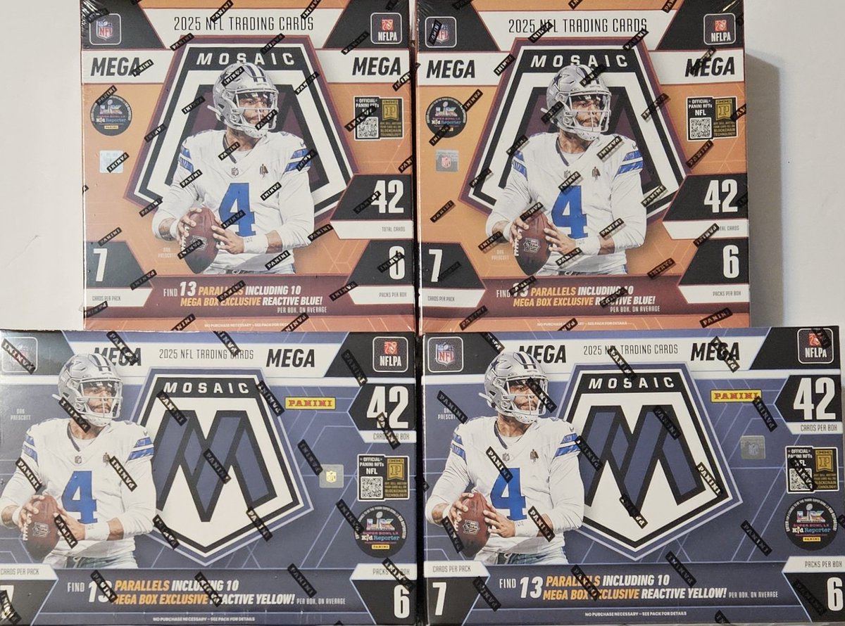 3bangerbreaks's tweet image. #TBBDraft - 2025 #PANINI #MOSAIC #FOOTBALL #MEGA #BOX #BREAK (4 BOXES)

🏈🏈REACTIVE BLUE
🏈🏈REACTIVE YELLOW

#Draft (4) #Teams #Live on #YouTube!

$60 for Non-Member 
$56.25 for ELITE
$53.13 for PLUS
$50 for GOLD

5️⃣ Spots Left!

Claim #'s 1, 2, 3, 4, or 5 below⤵️

#TBBCrew