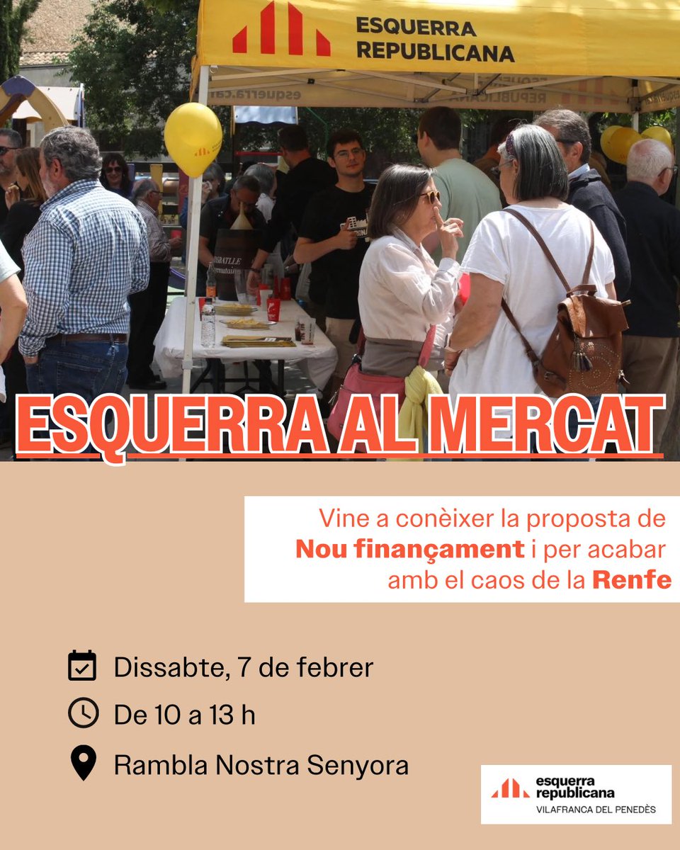 Aquest dissabte vine al punt de trobada republicà. 

Explicarem la proposta de nou finançament per guanyar 4700 milions d’euros per Catalunya.

I com posar fi al caos de la Renfe. 

A partir de les 10h a la Rambla amb la diputada <a href="/lluisallop/">Lluïsa Llop 🎗</a>
