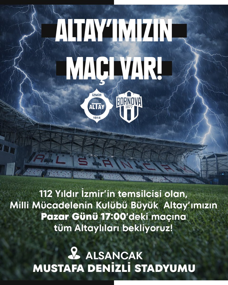AltaySporKulubu's tweet photo. Pazar Günü, 17.00'de Altaylıyım diyen herkesi Alsancak Mustafa Denizli Stadyumu'na bekliyoruz ⚪️⚫️

Mücadelemiz devam ediyor. Sen yokken bir eksiğiz ❗️

#BüyükAltay https://t.co/3Y4DHIyttY