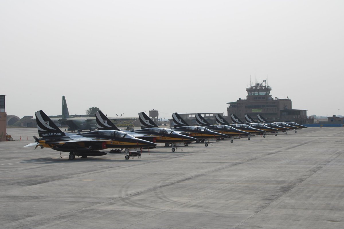 ANI's tweet photo. Indian Air Force tweets, "IAF provided full support towards landing and technical facilities, including customs and immigration to Republic of Korea Air Force contingent comprising of nine T-50B aircraft of the Black Eagles Aerobatic Team and one C-130. The contingent made a transit halt at Air Force Station Jamnagar from 31 Jan to 01 Feb 26, enroute to Saudi Arabia for participation in World Defence Show 2026. IAF wishes the team safe flying and happy landings."