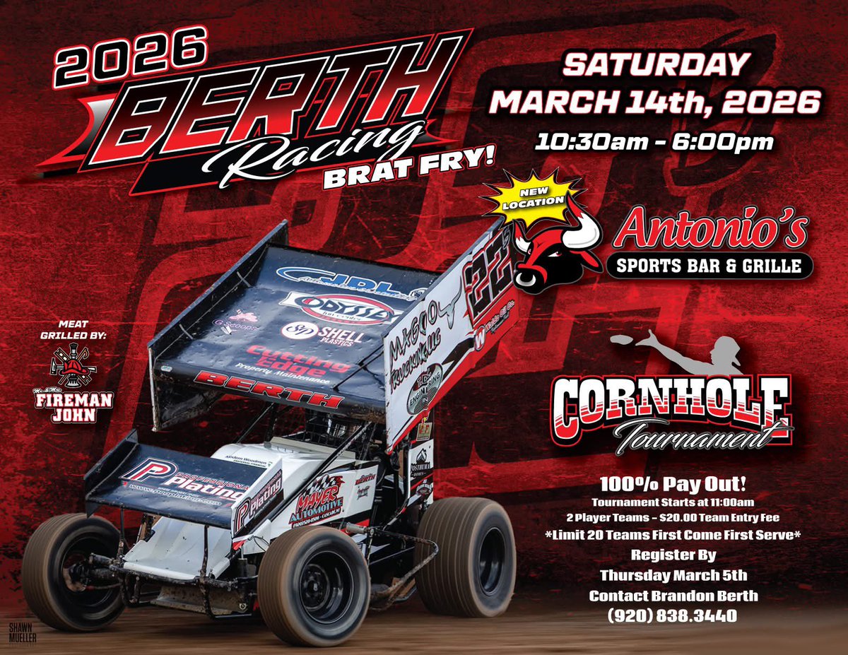In preparation for the launch of the 2026 <a href="/plymouth_dirt/">The Plymouth Dirt Track</a> season in just 82 days, Brandon Berth and Berth Racing will hold their annual brat fry and cornhole tournament at Antonio's Sports Bar &amp; Grille in Plymouth on Saturday, March 14.

Support those that support PDTR!