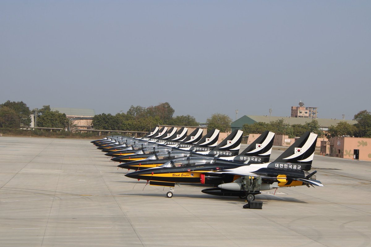 ANI's tweet photo. Indian Air Force tweets, "IAF provided full support towards landing and technical facilities, including customs and immigration to Republic of Korea Air Force contingent comprising of nine T-50B aircraft of the Black Eagles Aerobatic Team and one C-130. The contingent made a transit halt at Air Force Station Jamnagar from 31 Jan to 01 Feb 26, enroute to Saudi Arabia for participation in World Defence Show 2026. IAF wishes the team safe flying and happy landings."