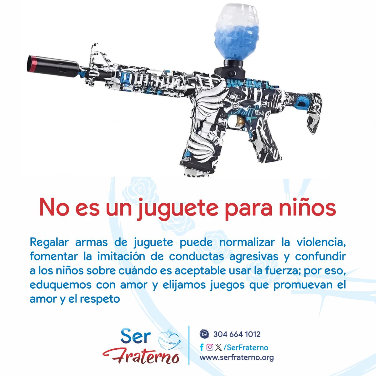 SerFraterno's tweet photo. Cuando regalamos juguetes que imitan armas, como las de hidrogel, estamos sembrando ideas sobre la violencia, el poder y la forma de tratar al otro. Puede parecer un juego, pero deja huella en el corazón!

Hoy más que nunca, nuestros niños necesitan ser guiados con amor! https://t.co/qRN9eyVzQM