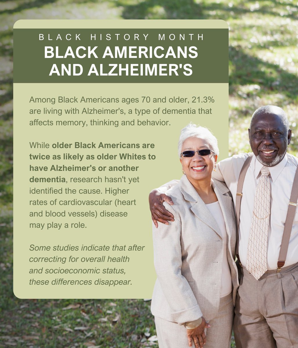 rushalzheimers's tweet image. Alzheimer’s disease, like other medical conditions, affects various communities differently.

Read more below about Black Americans and #AlzheimersDisease.

#BlackHistoryMonth #DementiaAwareness