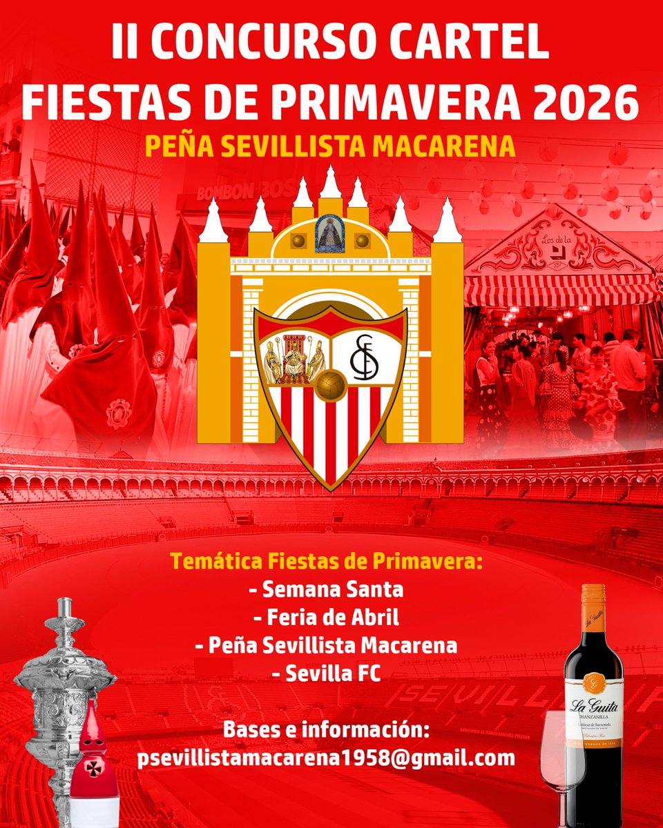 La Peña Sevillista Macarena lanza su II concurso del Cartel de Fiestas de Primavera, cuyas temáticas principales son la Semana Santa, Feria de Abril, Sevilla FC y la peña.
📲Bases e información en el email: psevillistamacarena1958@gmail.com
#SevillaFC
#SevillaHoy 
#Sevilla