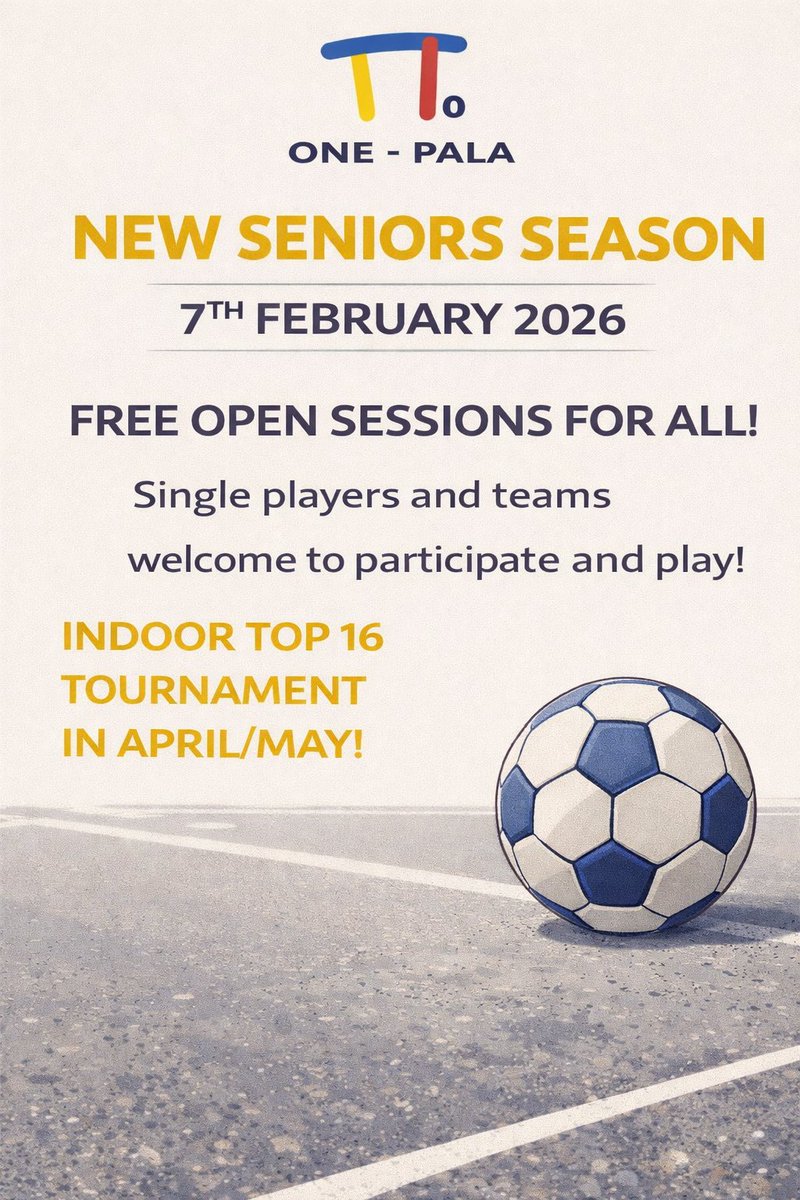OnePalaLeague's tweet photo. 🔥 ONE-PALA SENIORS SEASON OPENER 🔥
SESSION REMINDER
Free One-Pala Sessions Are Back!
📅 7 February 2026
📍 One-Pala Court
⏰ Sessions Open to Everyone
⚽ Come as a player
⚽ Come with a team
⚽ Or join a team on arrival
🔥 Indoor Top 16 Tournament Coming April / May https://t.co/ctmh3pNnWN