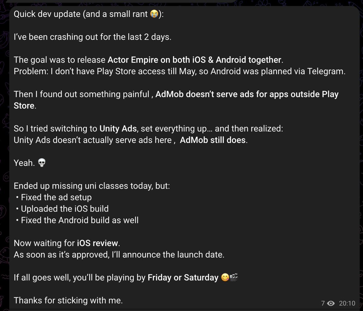 ActorEmpire's tweet image. Quick dev update 🎬
Last 2 days = pure chaos fixing ads &amp;amp; builds.
iOS build submitted ✅
Android build fixed ✅

Waiting on iOS review now.
If all goes well → launch by Fri/Sat 🚀
Thanks for sticking around ❤️