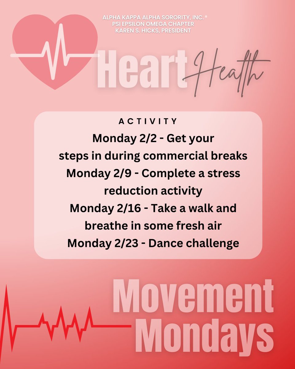 AKA_PEO1908's tweet photo. Day 2 of Heart Health Month! Join 28 days of Healthy Heart Elevation: 2/2-Get steps during commercials, 2/9-Stress relief, 2/16-Walk &amp; breathe, 2/23-Dance! Share your step count today &amp; let’s keep each other moving! #AKA1908 #PEOStrong #AKAPinkGoesRed https://t.co/tnOADXPRbA