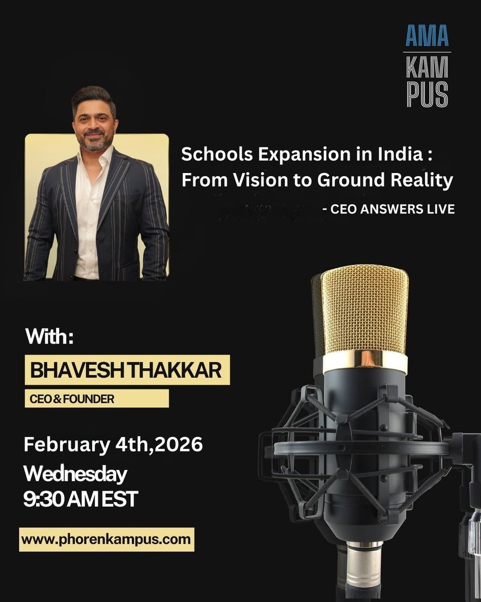 Phoren_Kampus's tweet photo. School Expansion in India: From Vision to Ground Reality
🎙 @bhaveshthakkar 
CEO &amp; Founder, Phoren Kampus
Real insights on scaling schools systems, long-term growth.

🗓 4 Feb 2026 | 9:30 AM EST
 CEO Answers Live
  Join 👉 https://t.co/86DgDqgawj
 #SchoolExpansion  #AskTheCEO https://t.co/Ws5JHvoCO7