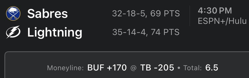 Tonight we get a showdown of the two hottest teams in the NHL over the last 20 games. TB is 17-2-1, BUF is 15-4-1. Shoutout to Jack Nicholson and Diane Keaton because something’s gotta give.