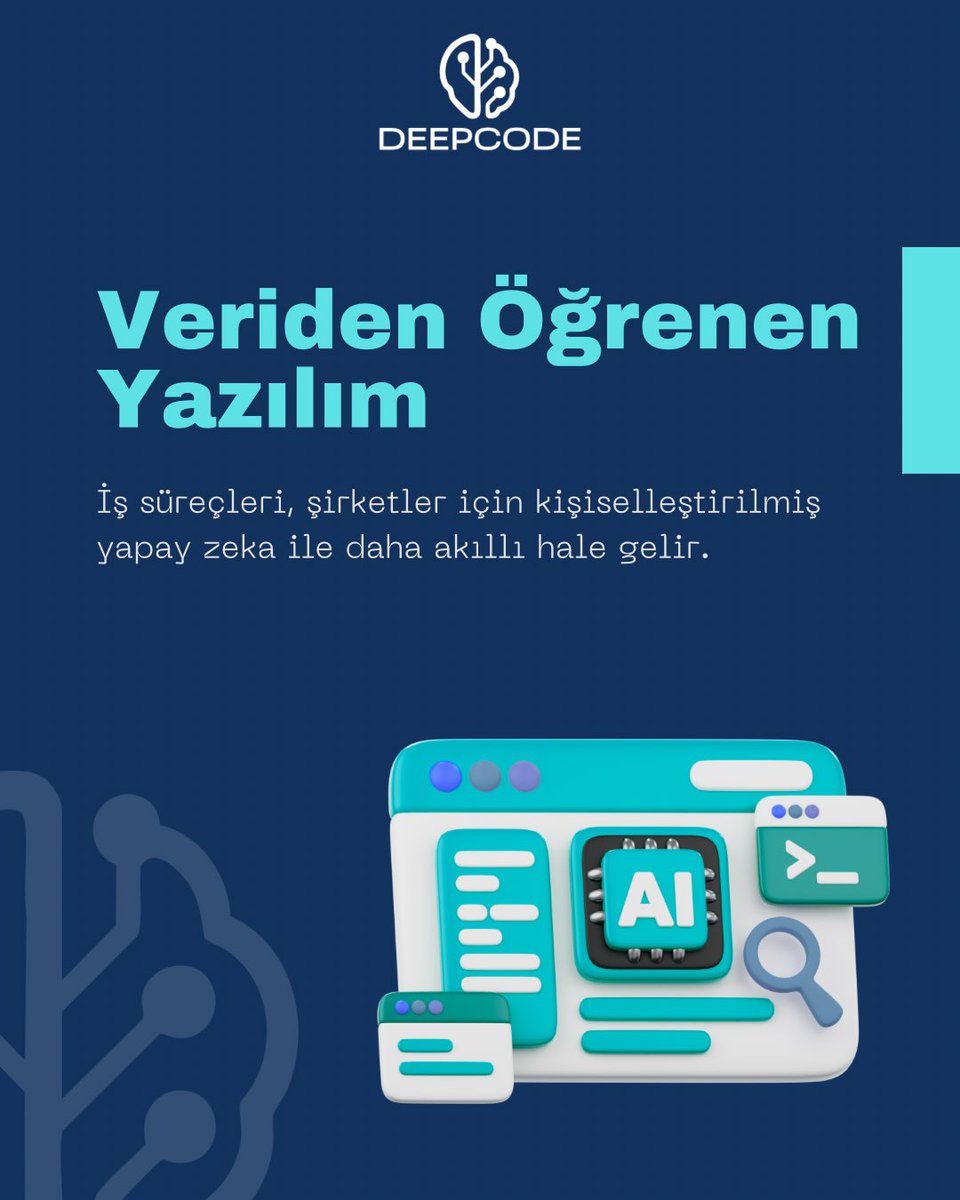 DeepCodeTr's tweet photo. Veriden Öğrenen Yazılım 🌐

DeepCode, yapay zeka destekli çözümleriyle veriyi yalnızca depolamaz;
anlamlandırır, öğrenir ve aksiyona dönüştürür.

Çünkü geleceğin yazılımı, veriden öğrenir. 🌐

#DeepCode #YapayZeka #AkıllıYazılım #VeriOdaklı #DijitalDönüşüm https://t.co/AJTkWvX3a8