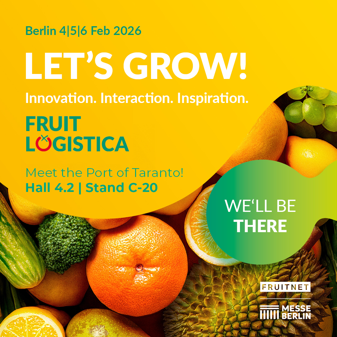 PortodiTaranto's tweet image. Dal 4 al 6 febbraio il #PortodiTaranto partecipa alla 🍊🍇🥝@Fruit_Logistica 𝟮𝟬𝟮𝟲 a 🇩🇪 Berlino
📍Venite a trovarci!
#Regionepuglia - #unioncamere👉𝗛𝗮𝗹𝗹 𝟰.𝟮 |  𝗦𝘁𝗮𝗻𝗱 𝗖-𝟮𝟬
.
#portoftaranto #Taranto #FRUITLOGISTICA2026 #puglia #agroalimentare