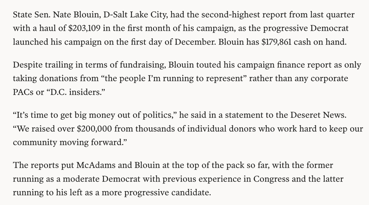 Utahns who are fed up with the status quo are realizing that our campaign represents the only viable alternative to more of the same politics that drove trust in government down and cost of living up. I'm running on my record of standing up for my constituents, not away from it.