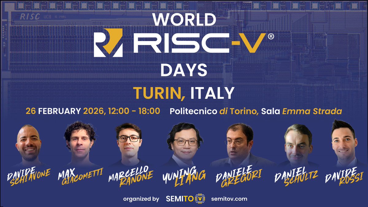 semito_v's tweet photo. SemiTO-V is proud to organize the Italian chapter of World RISC-V Days.

Date: Tuesday, 26 February 2026
Time: 12:00 – 18:00
Location: Sala Emma Strada, Politecnico di Torino, 24 Corso Duca degli Abruzzi
Torino, 10129

REGISTER NOW: https://t.co/fMThQ2lma4 https://t.co/cDl55qQaf6