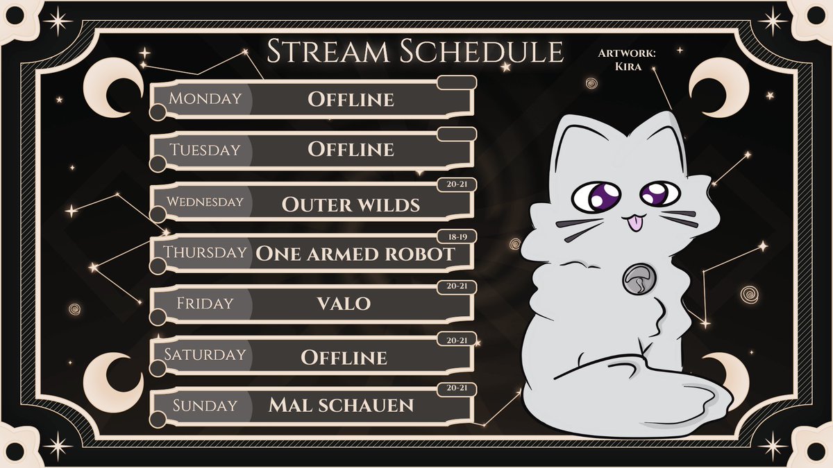 Stream plan für die Woche
Am Donnerstag gibt es ne kleine Chaotische collab ( Wortwörtlich) xD
Ich freu mich auf euch^^