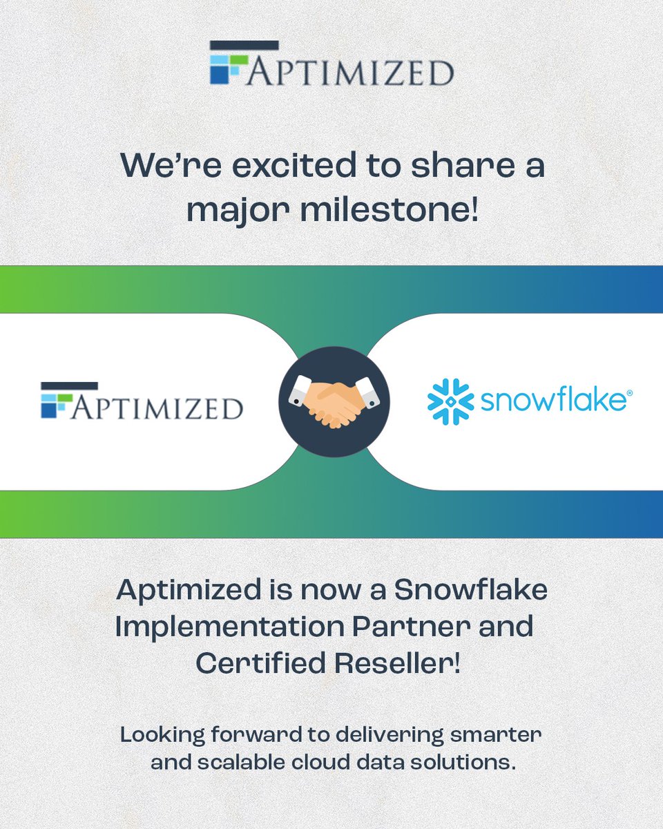 aptimized's tweet photo. Aptimized announces its official partnership with @Snowflake 
As a Snowflake Partner, we’re authorized to implement, optimize, and resell Snowflake solutions—helping organizations unlock scalable, high-performance cloud analytics and future-ready data platforms.
#SnowflakePartner https://t.co/zlzXGh9geY