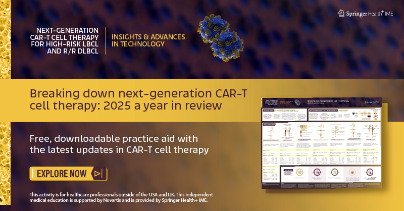 SpringerIME's tweet photo. Discover this free, downloadable clinical aid summarizing the most significant CAR-T therapy developments reported in 2025 for high-risk LBCL and R/R DLBCL, displayed in a visual format for you to use directly in your clinic.