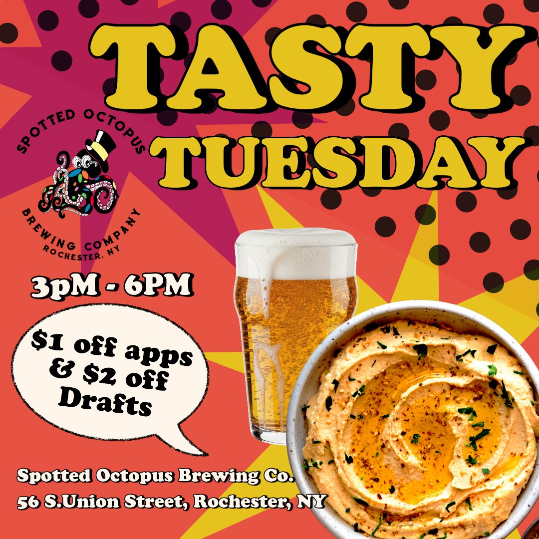 Octopusbrewing's tweet photo. Savor the flavor!

Join us for Tasty Tuesday at Spotted Octopus Brewing Co.! 🍻 Enjoy $1 off apps and $2 off drafts from 3-6 PM. Don't miss this delicious deal!

#TastyTuesday #CraftBeerLovers #RochesterNY #ROC https://t.co/Lg0JYzMywR