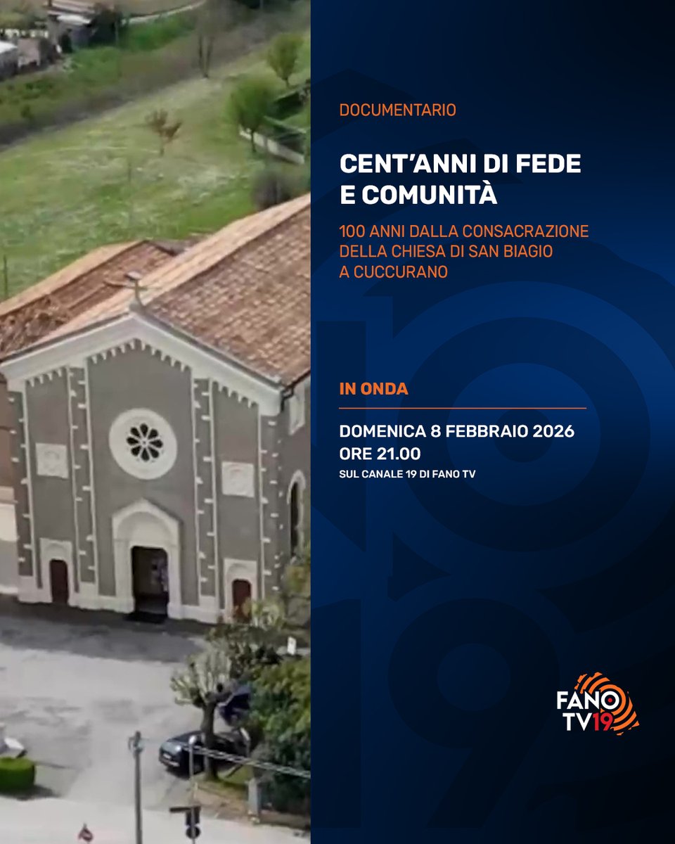 📺Domenica 8 febbraio, alle ore 21.00 circa, trasmetteremo un documentario dedicato ai 100 anni dalla Consacrazione della Chiesa di San Biagio a Cuccurano dal titolo "cent'anni di Fede e Comunità".
Appuntamento sul canale 19 di FanoTV, visibile in tutta la Regione Marche. #fanotv
