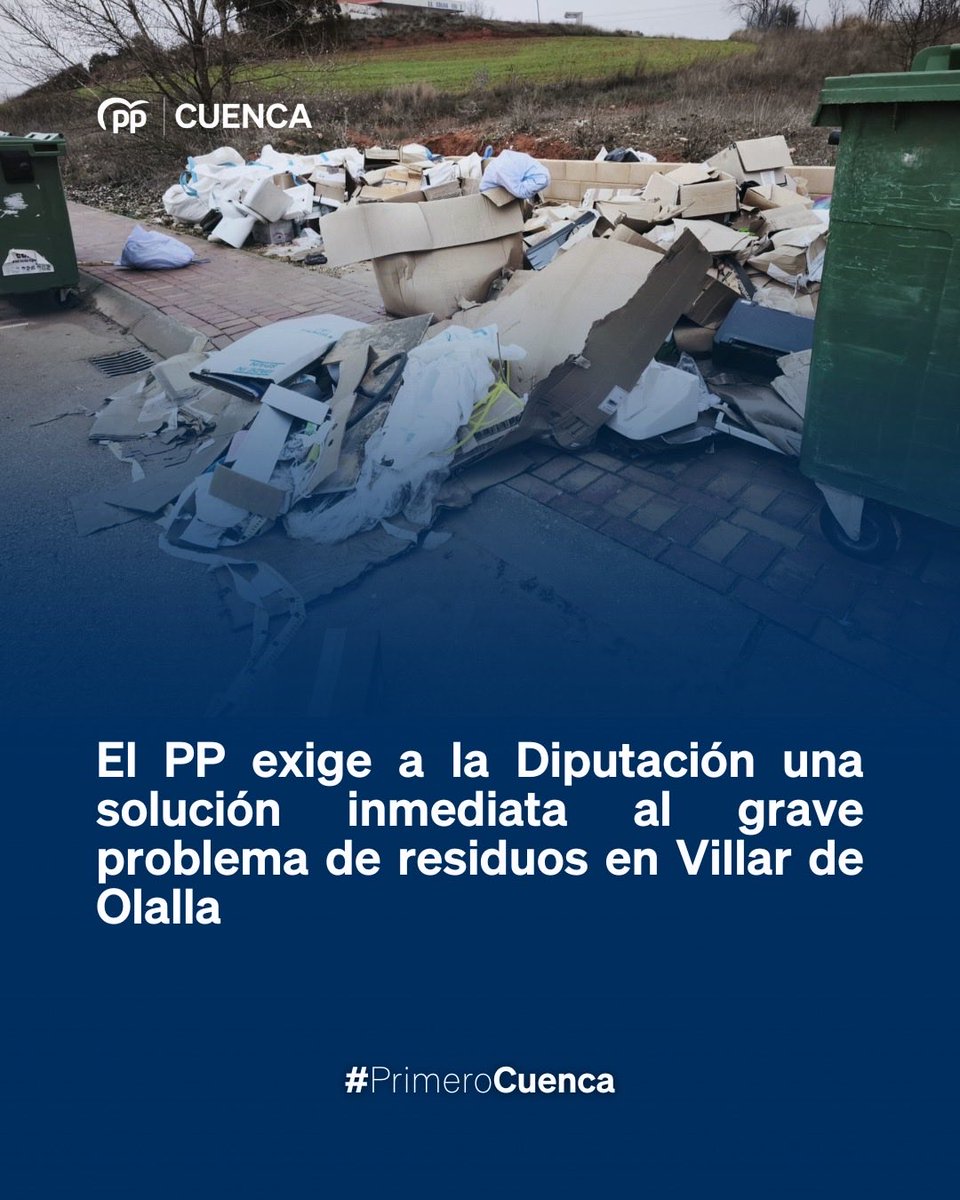 PP_Cuenca's tweet photo. El PP exige a la Diputación una solución inmediata al grave problema de residuos en Villar de Olalla
🔗 https://t.co/6PJyx0rfe4
#PrimeroCuenca #Residuos #Abandono #Cuenca #PPCuenca https://t.co/EAvyhHMkEe