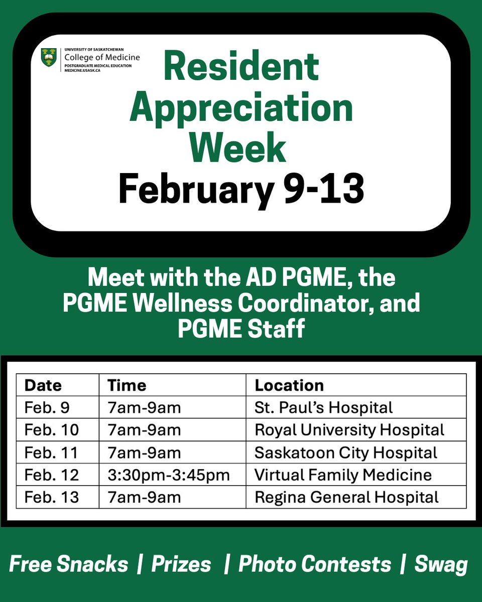 USASK_PGME's tweet photo. Resident Appreciation Week 

PGME is excited to celebrate our amazing residents and say thank you for everything you do! 

Join us throughout the week—Associate Dean, PGME Dr. Marla Davison, Wellness Coordinator Michelle Koehn, and other members of the PGME team will be onsite! https://t.co/NnCUWIEJCw