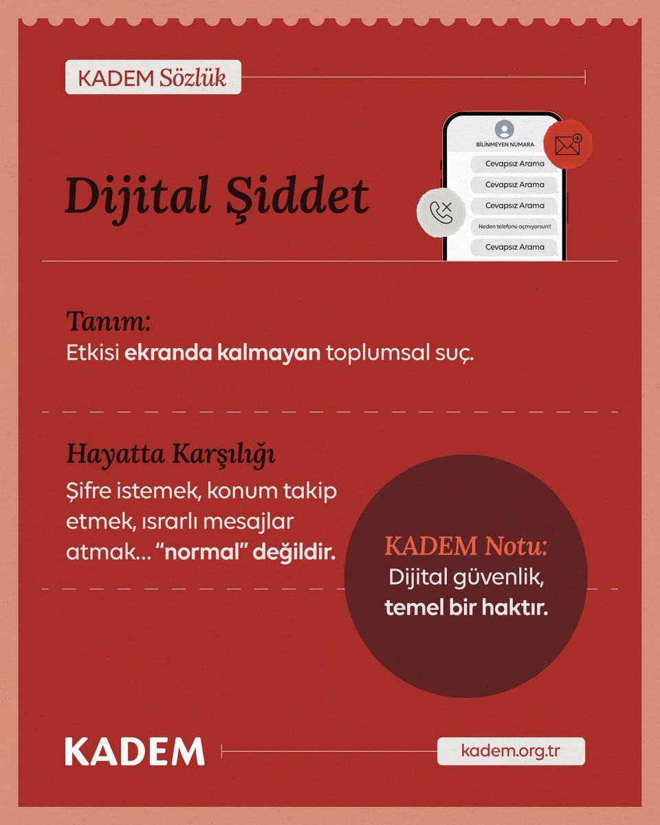Dijital şiddet, etkisi ekranla sınırlı kalmayan ve tüm dünyada hızla yaygınlaşan bir şiddet türüdür...
Farkında ol, izin verme❗️
#KADEMSözlük
