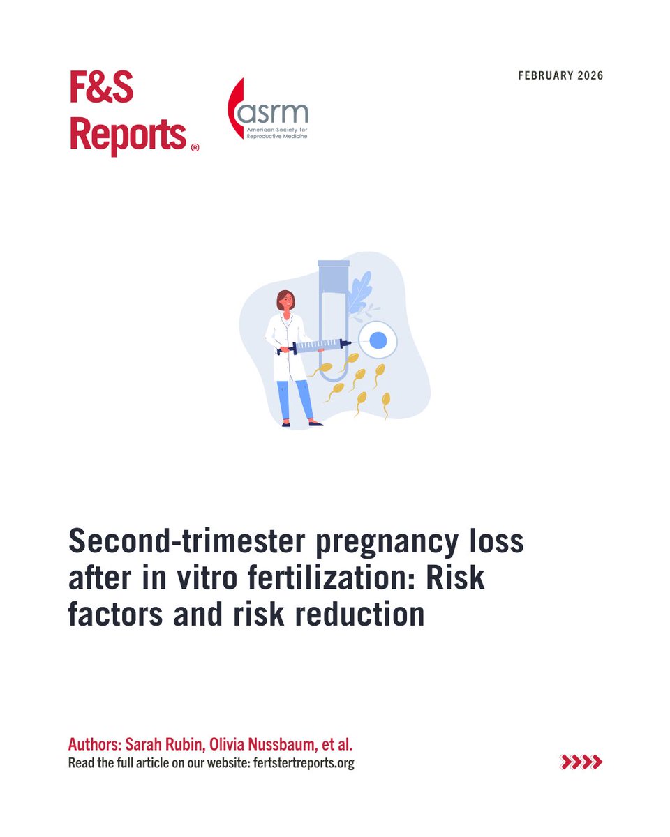 FertStert's tweet photo. 🔴 In F&amp;S Reports:

Second-trimester pregnancy loss after in vitro fertilization: Risk factors and risk reduction

Full text 👇
https://t.co/VAUaUIZrwn https://t.co/9Bndqmzkt6