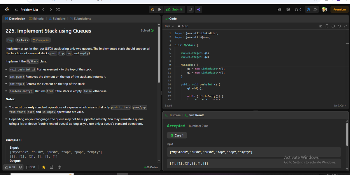AmjadKhan9756's tweet photo. Day 22/365:- Doing #DSA on #LeetCode
Today solve one problem
Problem : 225. Implement Stack using Queues
#DSA #NexJS #FullStackDeveloper https://t.co/9eWt9EonDs