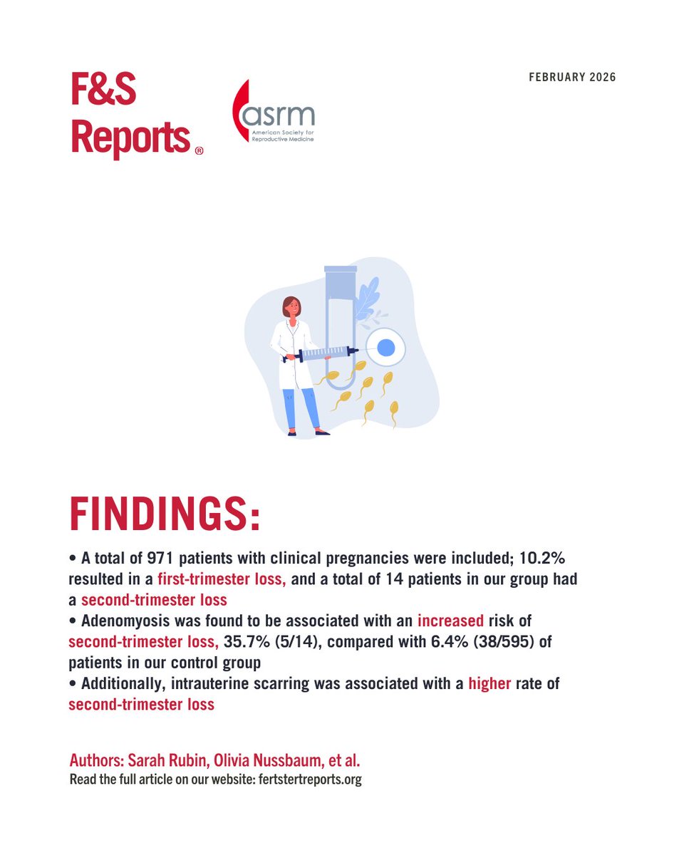 FertStert's tweet photo. 🔴 In F&amp;S Reports:

Second-trimester pregnancy loss after in vitro fertilization: Risk factors and risk reduction

Full text 👇
https://t.co/VAUaUIZrwn https://t.co/9Bndqmzkt6