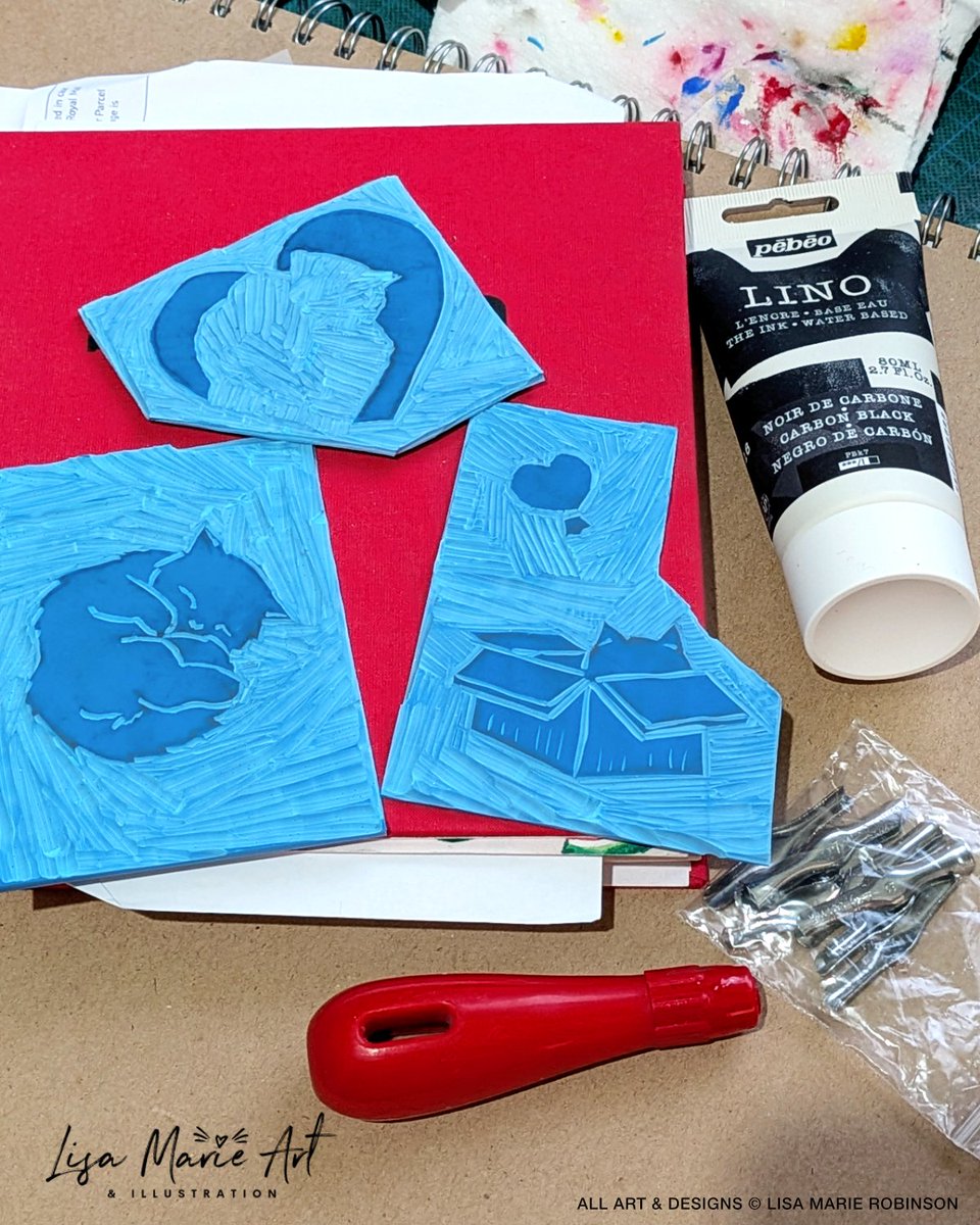 Lino cutting for the first time in 20+ years today. Carving some cat-themed love cards!

Probably too late for Valentine’s Day, but they’re good for anniversaries or a “just because” too. 

Test prints tomorrow, because I lost my roller!

#linocut #catart #handmade #wip