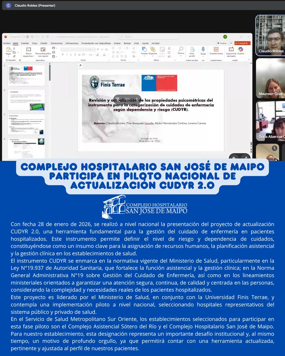 🏥 El Complejo Hospitalario San José de Maipo fue seleccionado para participar en la implementación piloto del CUDYR 2.0, una herramienta del Minsal  que permite evaluar el nivel de riesgo y dependencia de cuidados de enfermería en pacientes hospitalizados.