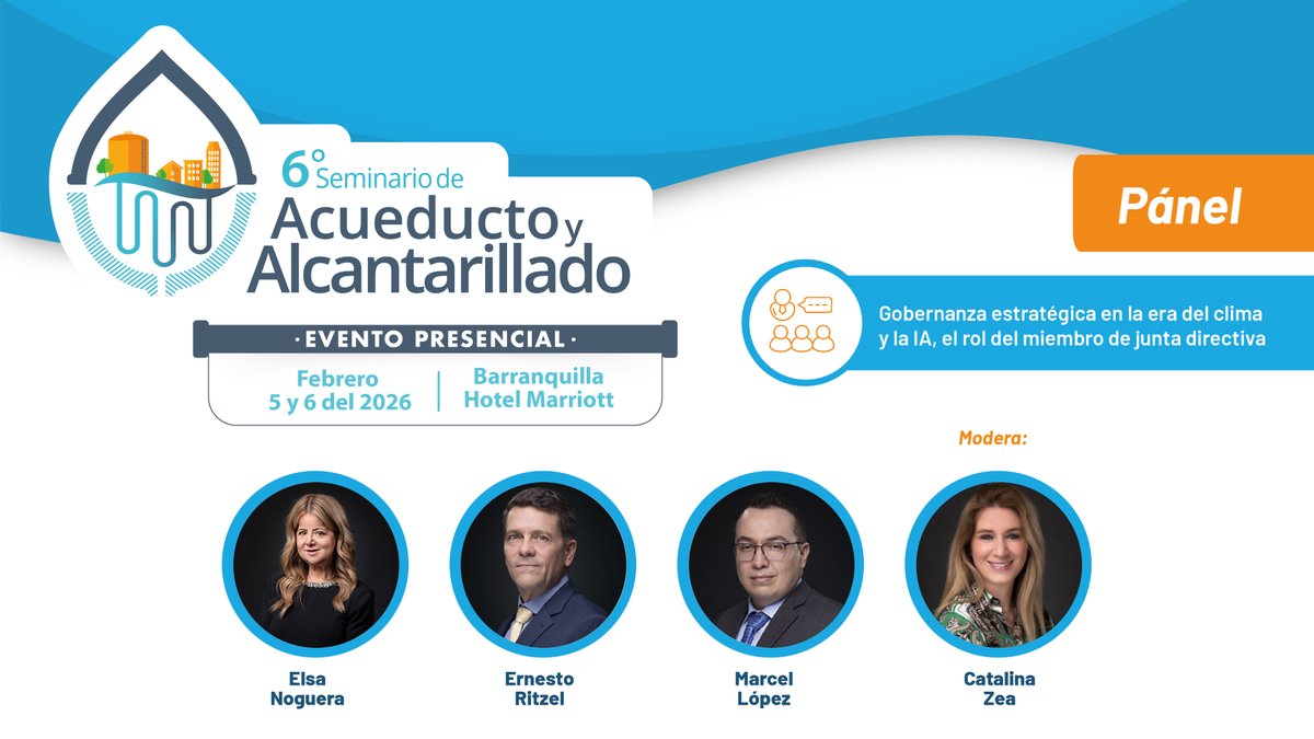 🌍🤖 Gobernanza estratégica en la era del clima y la Inteligencia Artificial

En el 6° Seminario de Acueducto y Alcantarillado, desarrollaremos un panel clave para reflexionar sobre el rol de los miembros de junta directiva frente a los desafíos del cambio climático y la