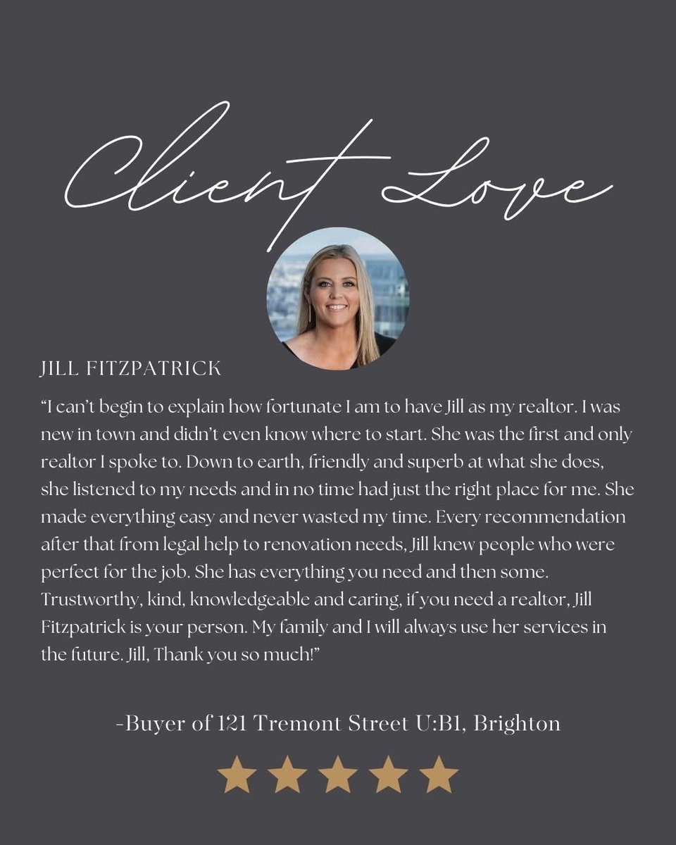 JillFitzRealtor's tweet image. THANK YOU!  So grateful to this client for leaving me a review.  It was a pleasure from start to finish and I can’t wait to see your personal touches to your new home! 

#review #bostonrealtor #jillfitzrealestate #5stars #bostonrealestate #jillfitzpatrickrealtor #boston #thankyou