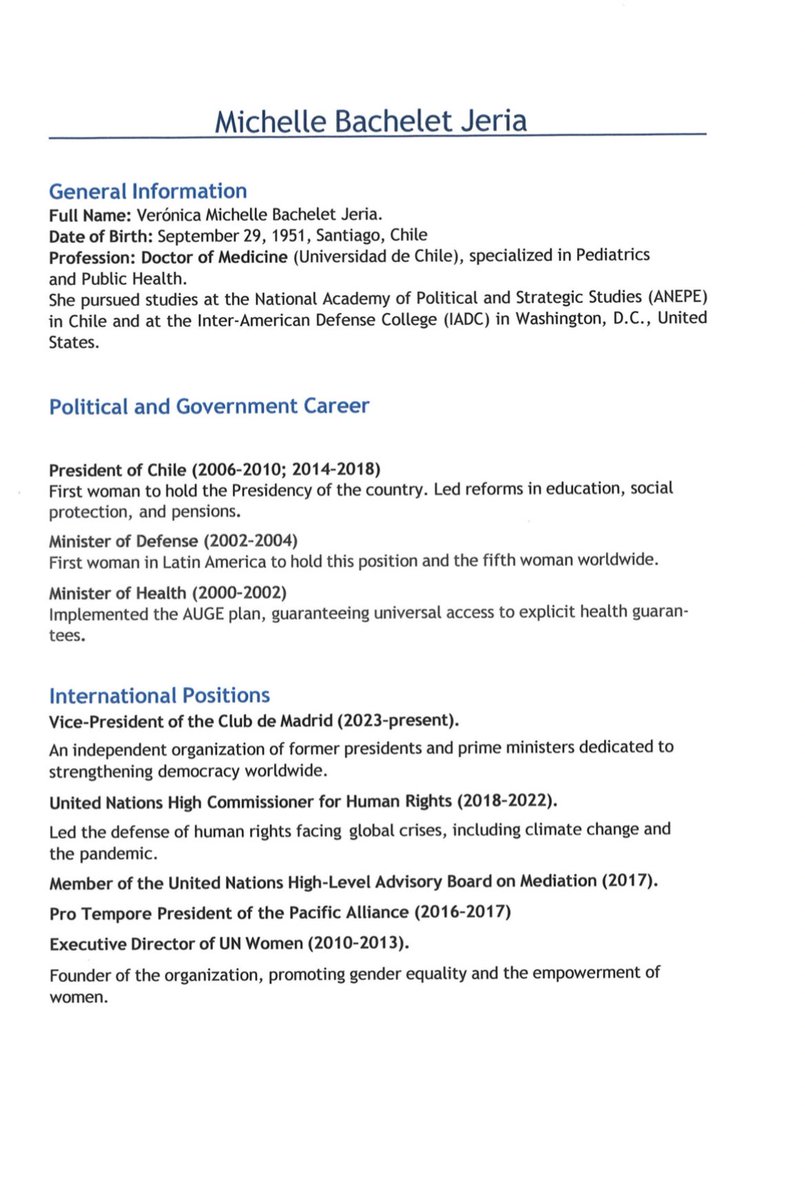 BenjAlvarez1's tweet photo. Michelle Bachelet Jeria's Curriculum Vitae: "Her career has been backed up by peace awards, more than a dozen honorary doctorates, and strategic appointments in social protection, employment, and climate change." https://t.co/AZVBxmqoQn