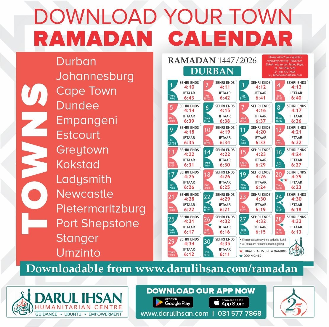 discdbn's tweet photo. 🔹 Download Your Town Ramadan Calendar
✨ Ramadan Timetables
🔸 Click here to access your town Ramadan Calander
https://t.co/R4hWZkEF3b
#DigitalCopy #Fasting #IslamicMonth #Islam #DarulIhsan
❇️ For More Info
https://t.co/4MUVFJxy1a https://t.co/5mQvwRetDb