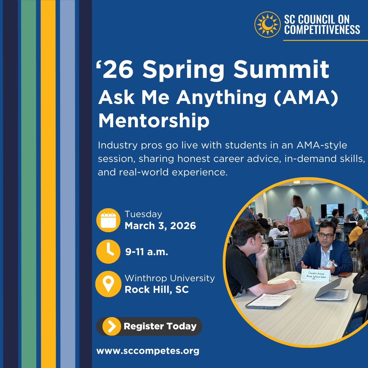sccompetes's tweet photo. Go beyond the panel. At the #SCCompetes ’26 Spring Summit, industry pros go live with students in an AMA-style session sharing real career advice, in-demand skills, and real-world insight.

Register here: https://t.co/QxxKHRsMUR https://t.co/HayjB808nd