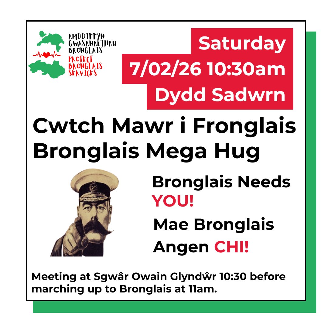 fflamglas's tweet photo. Wales.
￼
 Meet: Sgwâr Owain Glyndŵr, Aberystwyth
￼
 Time: 10.30am
Saturday, 7 February
Supportive elected representatives will speak before we march at 11.00am to Bronglais Hospital. There, we will join hands to form a silent ring of solidarity around the hospital. https://t.co/RupHqjmoOb