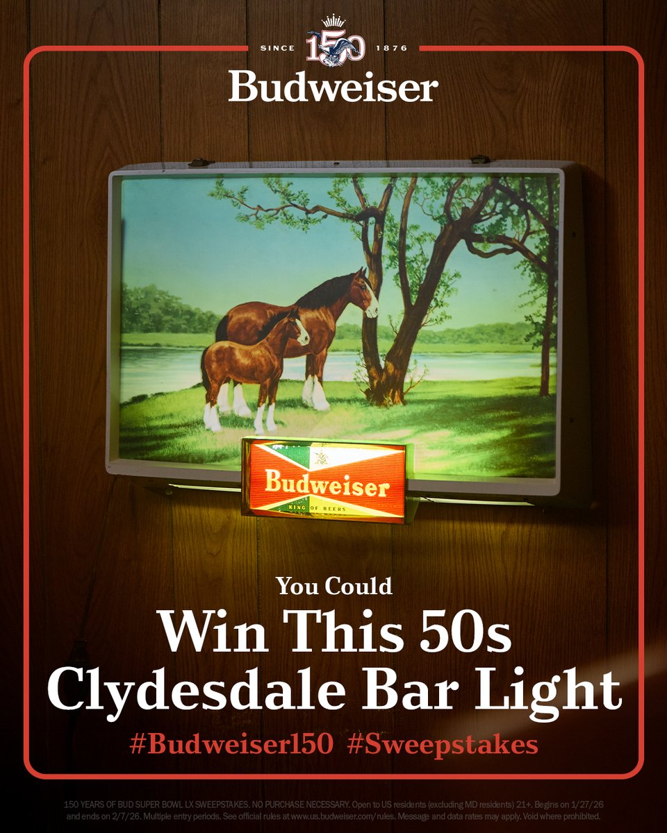Want a 1950s Clydesdale Bar Sign? Use #Budweiser150 and #Sweepstakes for your chance to win. Enter now.
