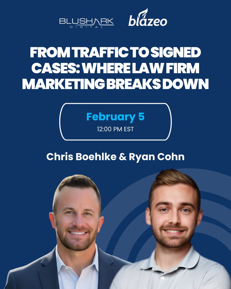 Rankings are up, but signed cases are flat? It’s time to fix your funnel.
Join BluShark Digital &amp; Blazeo on February 5th to learn how to turn 2026 search traffic into a predictable pipeline of retained clients. 
#LegalMarketing #Webinar #LawFirmGrowth