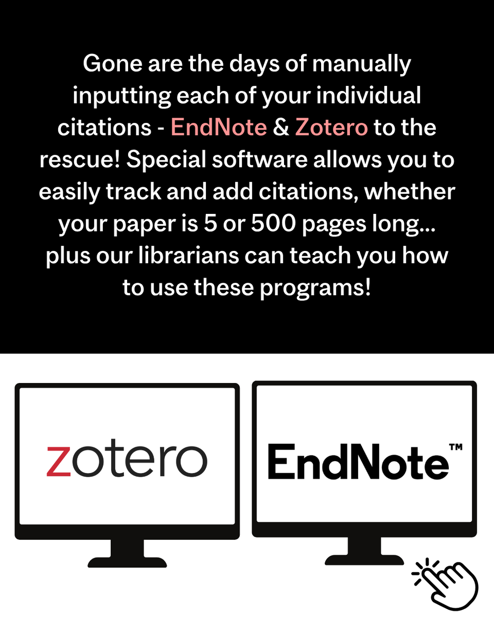 McGillLib's tweet photo. EndNote and Zotero to the rescue! Special software allows you to easily track and add citations, whether your paper is 5 or 500 pages long... plus our librarians can teach you how to use these programs! https://t.co/9CR9mkFzmD #McGillLibOrientation https://t.co/ypI2mZ7jSF