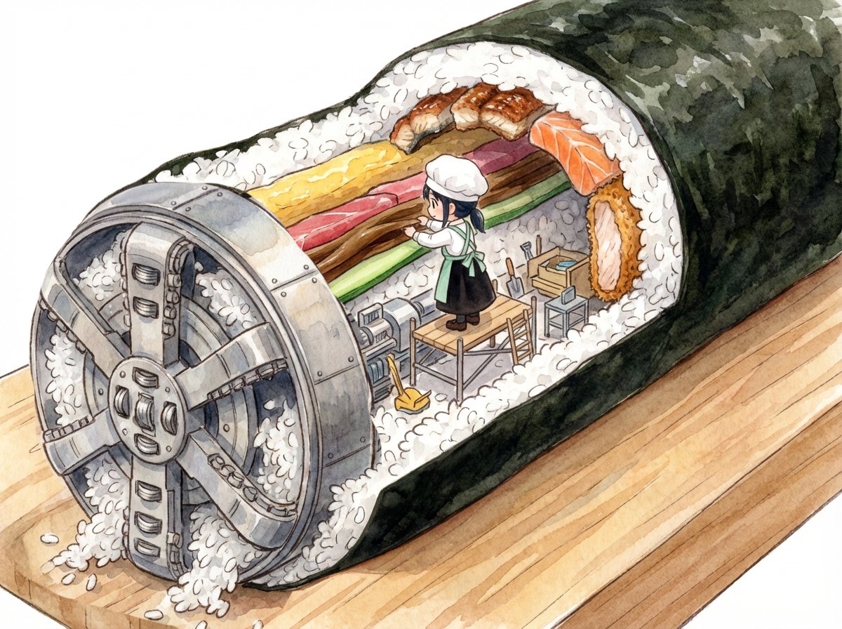 シールド工法で恵方巻き作りをする千春ちゃん