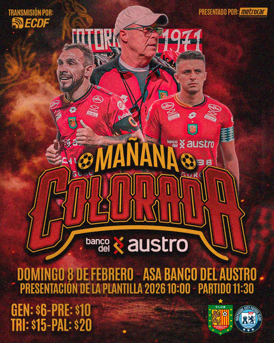 🔴⚫️MAÑANA COLORADA⚫️🔴

Presentamos a nuestra plantilla 2026 y lo celebramos en la cancha 💪🏻⚽️

📍 ASA Banco del Austro
🗓 Domingo 8 de febrero
⏰ Presentación 10h00 | Partido 11h30

Entradas en línea📱👉🏻 acortar.link/f4ytLI
Entradas físicas 🎟️ disponibles en las oficinas
