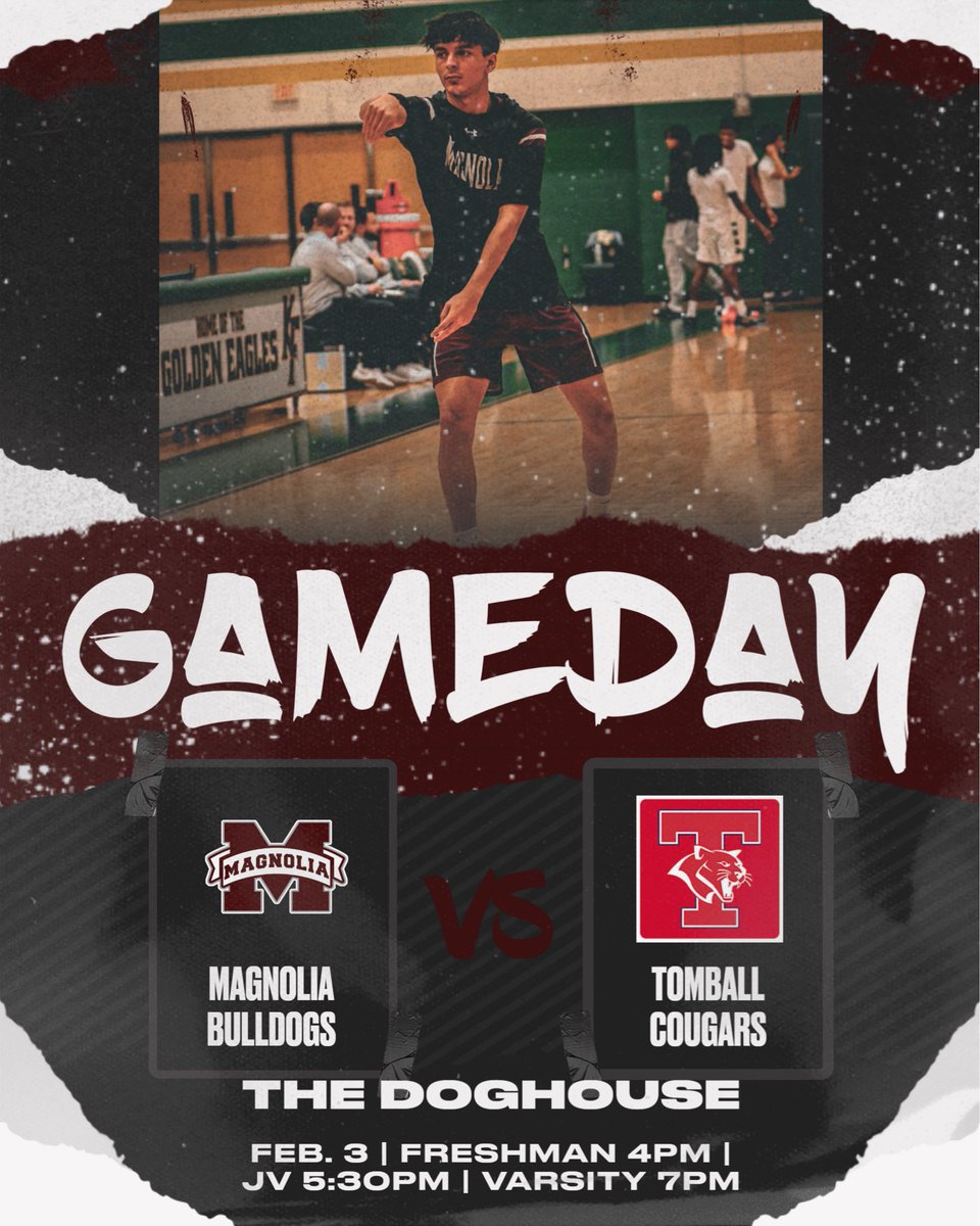 MagBasketball's tweet photo. 🚨GAMEDAY BULLDOG NATION🚨

Huge game for the DOGS tonight with playoff implications on the line as we take on the Tomball Cougars tonight at the DOGHOUSE!!!

Let’s pack the DOGHOUSE!! SEE YALL TONIGHT!!

Tip-Off times ⬇️ 

🏀Freshman 4pm
🏀JV 5:30pm
🏀Varsity 7pm https://t.co/s3Lg9peyg5
