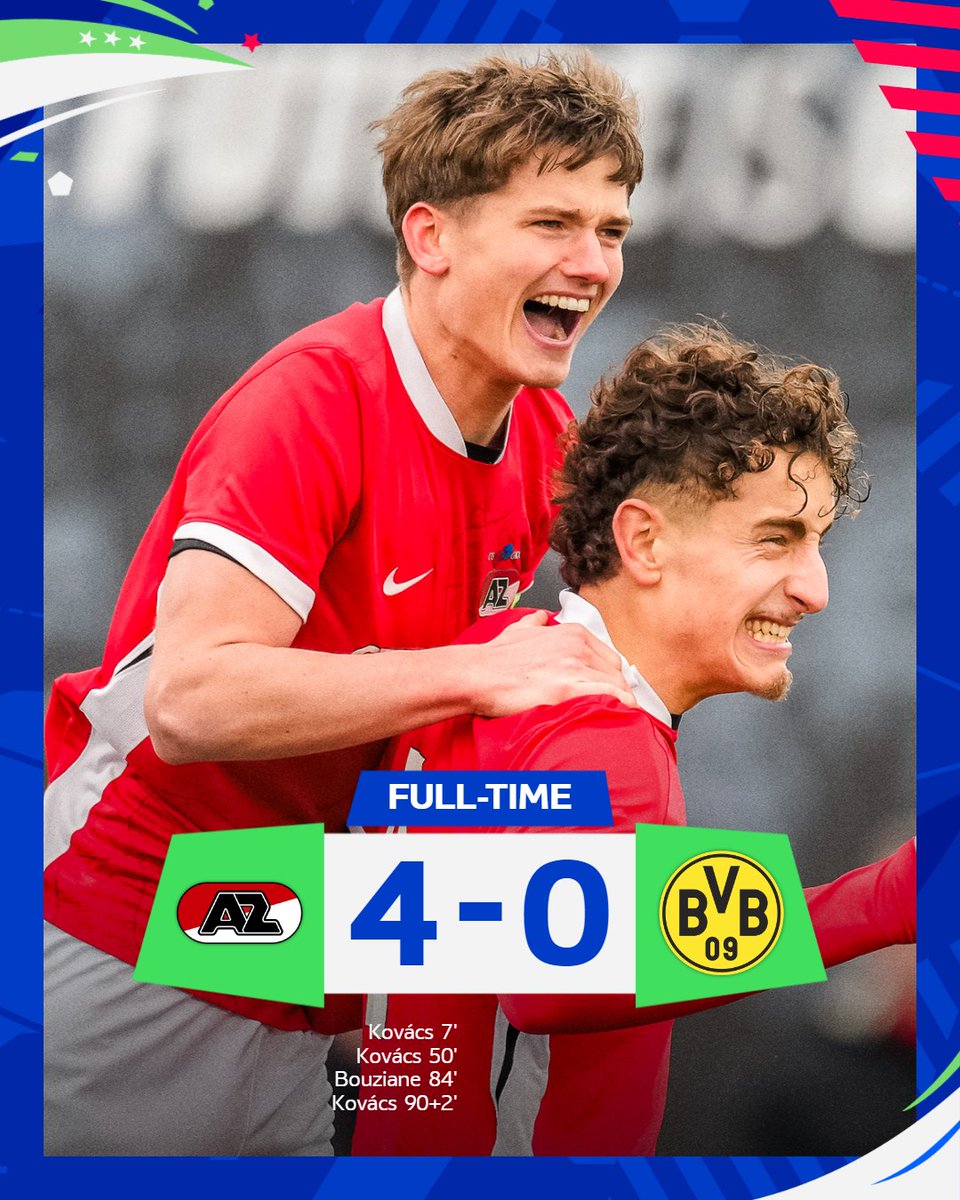 AZAlkmaar's tweet photo. 💥🪄 UEFA Youth League magic! 

⚽️ 7. Kovács (1-0)
⚽️ 50. Kovács (2-0) 
⚽️ 84. Bouziane (3-0)
⚽️ 90+2. Kovács (2-0)

#AZO19 #AZJeugd #UYL #TheFutureIsOurs https://t.co/vB53x9jV5V