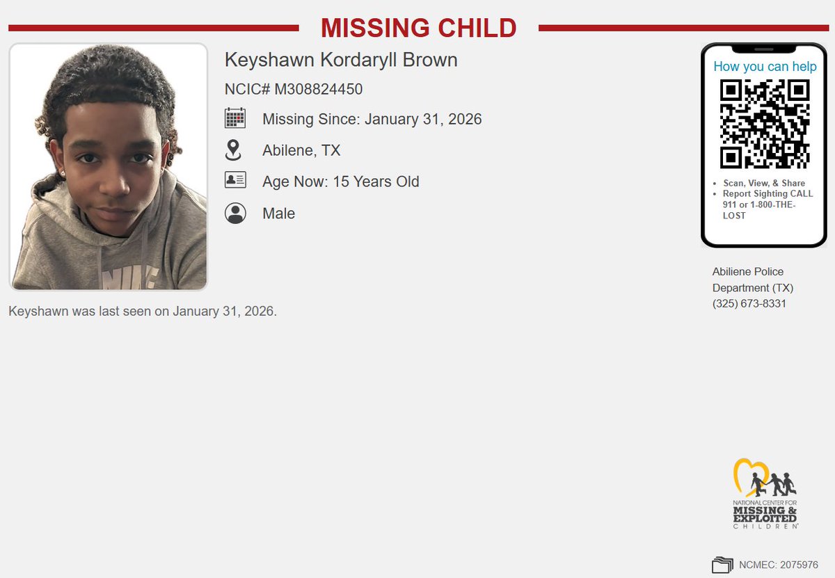 MISSING -Keyshawn Kordaryll Brown- 15-year-old male - Abilene, Texas - missing since January 31, 2026.

Please LIKE and SHARE, we just might find him!

Any information, please contact the Abilene Police Department (Texas), 1-325-673-8331.

#boystoo #savealifetoday