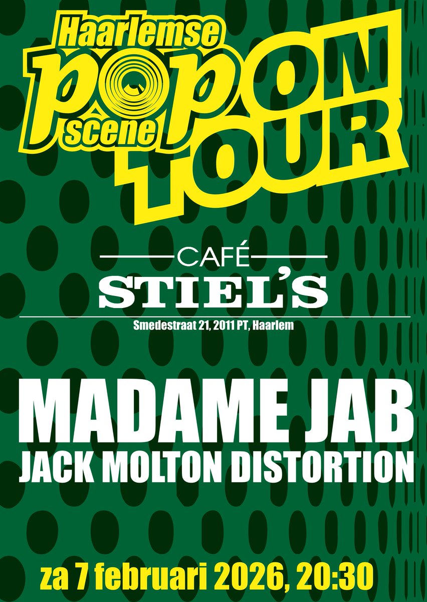 Zaterdag 07/02 a.s. v/a 20:30 in <a href="/stiels/">Cafe Stiel's</a>  :
Madame Jab en Jack Molton Distortion .

Komt allen, want laat ze niet vallen!

Er is plaats voor meer acts! Zie Haarlemsepopscene.nl/ontour .

#haarlem #popscene #ontour #live #muziek #musik #musica #musique #music