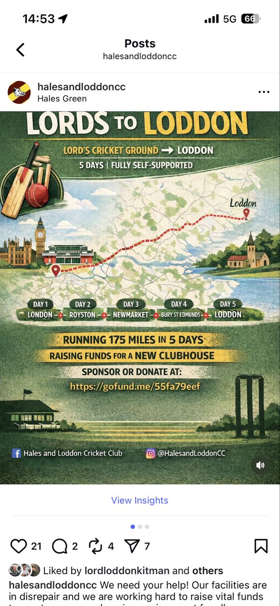 jbucks__'s tweet photo. This August myself and another member of Hales and LoddonCC will be running from @HomeOfCricket all the way back to our ground in Norfolk. 175 Miles in 5 and half days, all to raise money for a new clubhouse we really need. Click the link to donate! https://t.co/QXMA1OFMZ4 https://t.co/nZ7KVbuBgS