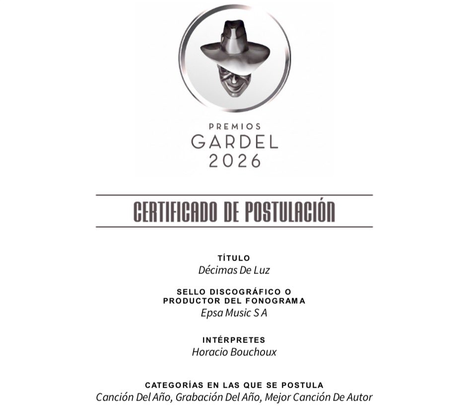 H_Bouchoux's tweet photo. Con gran orgullo les cuento que el single “Décimas de luz”, primer corte del disco “En mis oídos”, fue postulado para los premios Gardel en las categorías “Canción Del Año”, “Grabación Del Año” y “Mejor Canción De Autor”. https://t.co/DiUfksLNon
